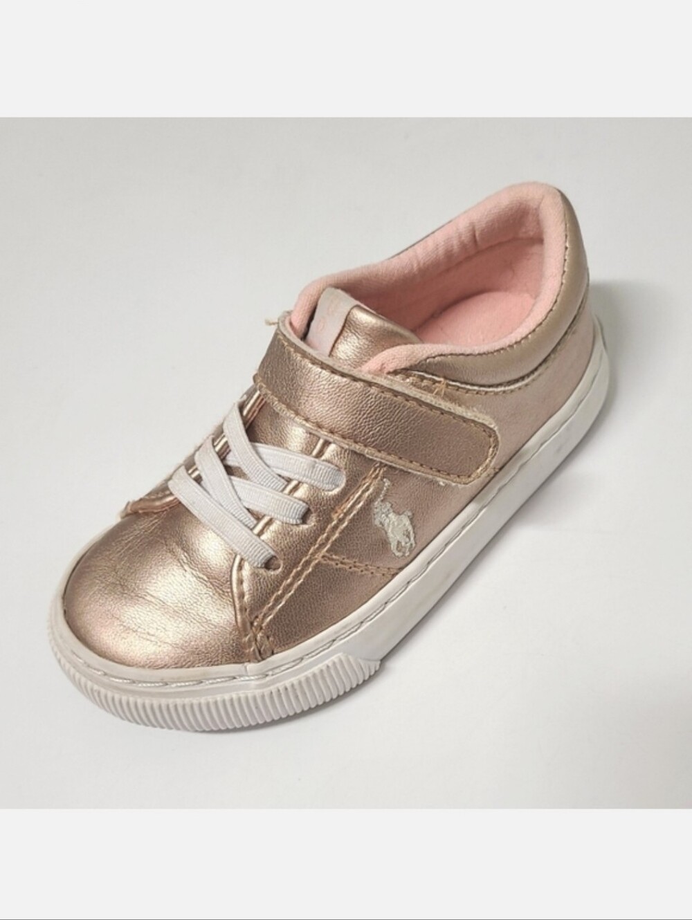 Polo Ralph Lauren Elmwood Velcro Sneakers Metallic Pink Girl's Sz 7 - Picture 5 of 15